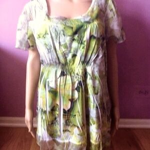 Women Plus 3x Art Creases Shirt Top Blouse Tunic Floral Green Gauze Sheer Sleeve